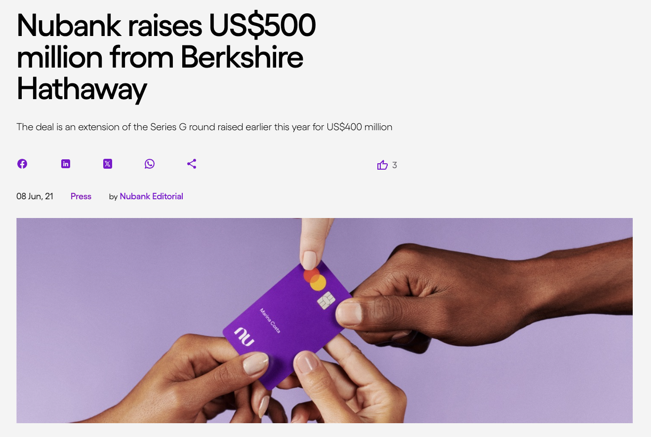 Thông cáo báo chí chính thức. Nguồn: Nubank.