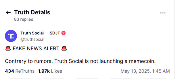 Truth Social phủ nhận tin đồn về meme coin