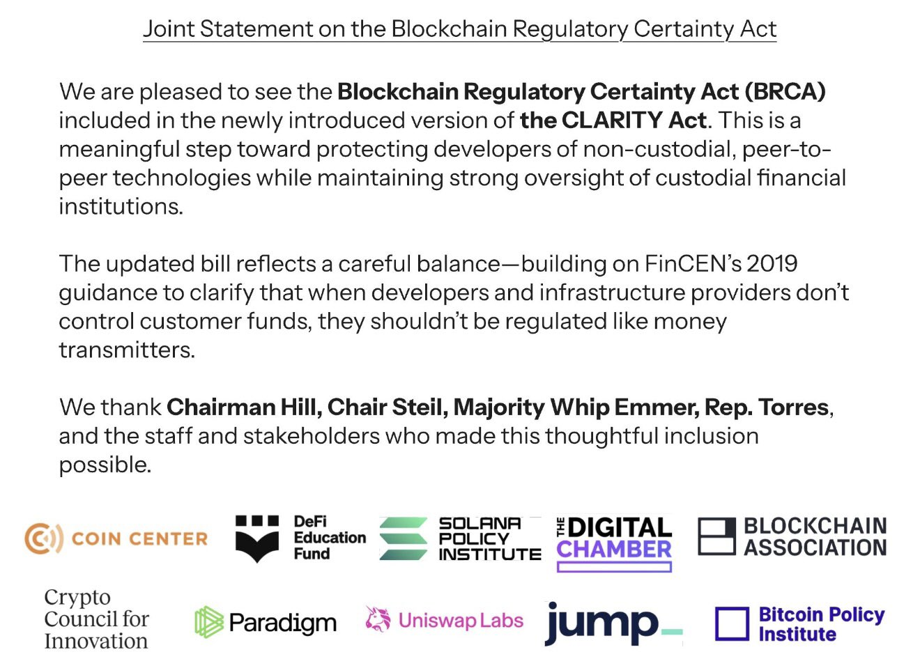 Crypto Groups Support the CLARITY Act