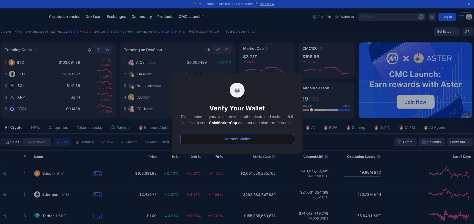 Thông điệp bật lên độc hại trên trang chủ CoinMarketCap.