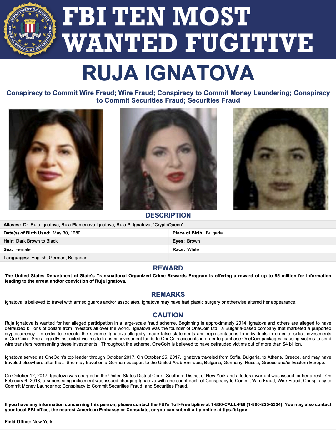 Ruja Plamenova Ignatova trên danh sách truy nã của FBI